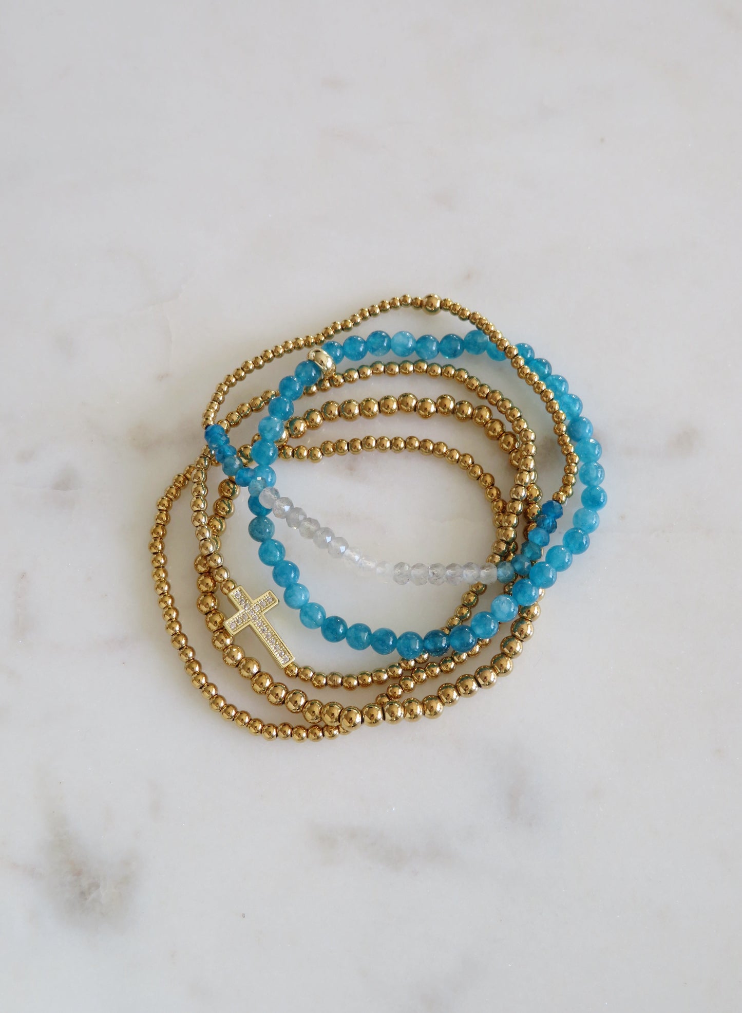 Holy Cross Blue Beaded Bracelet Stack - Set of 5 Waterproof Non-Tarnish