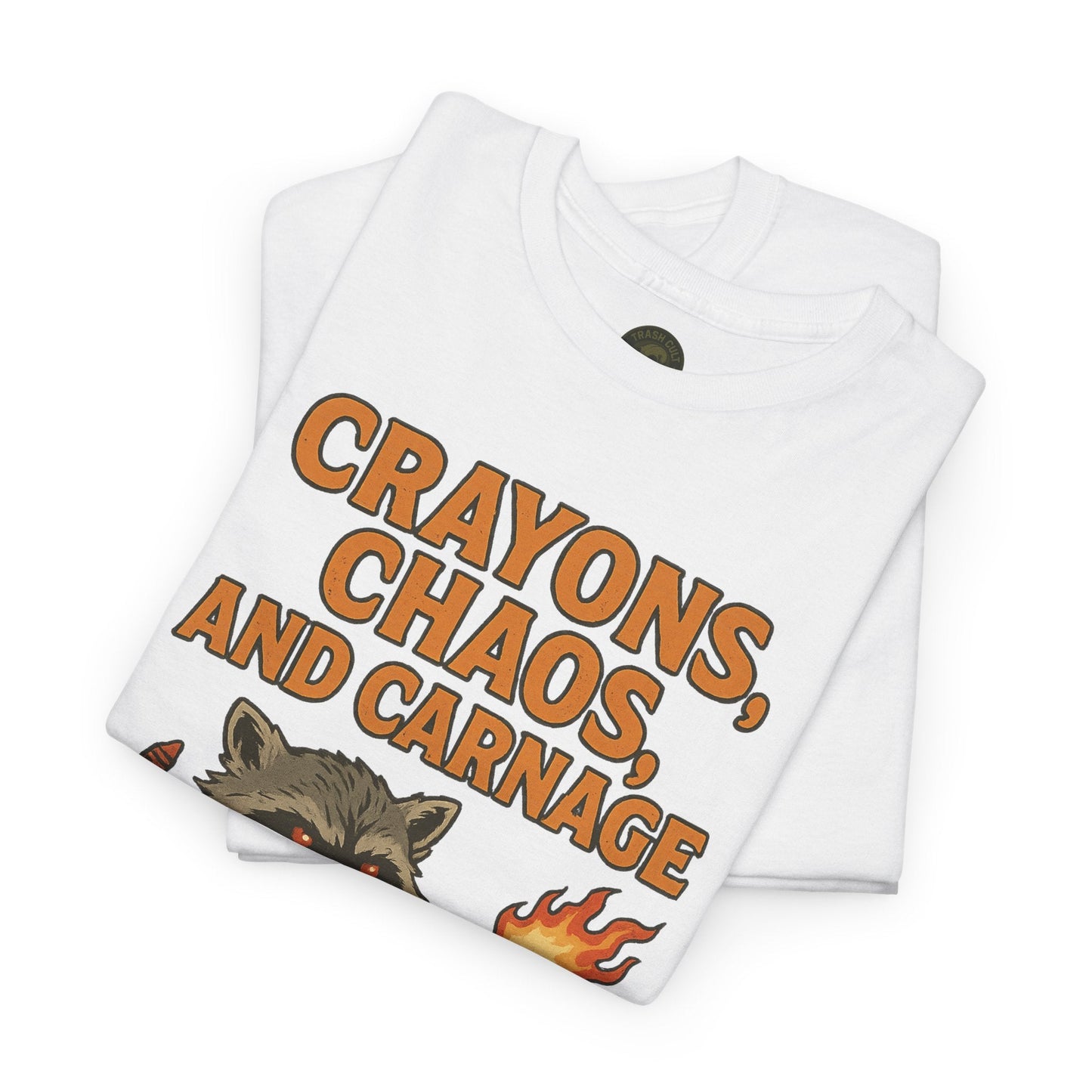 Crayons, Chaos, and Carnage T-Shirt – Dark Humor Raccoon Graphic | Trash Cult Supply Co. | Gildan 5000 Tee