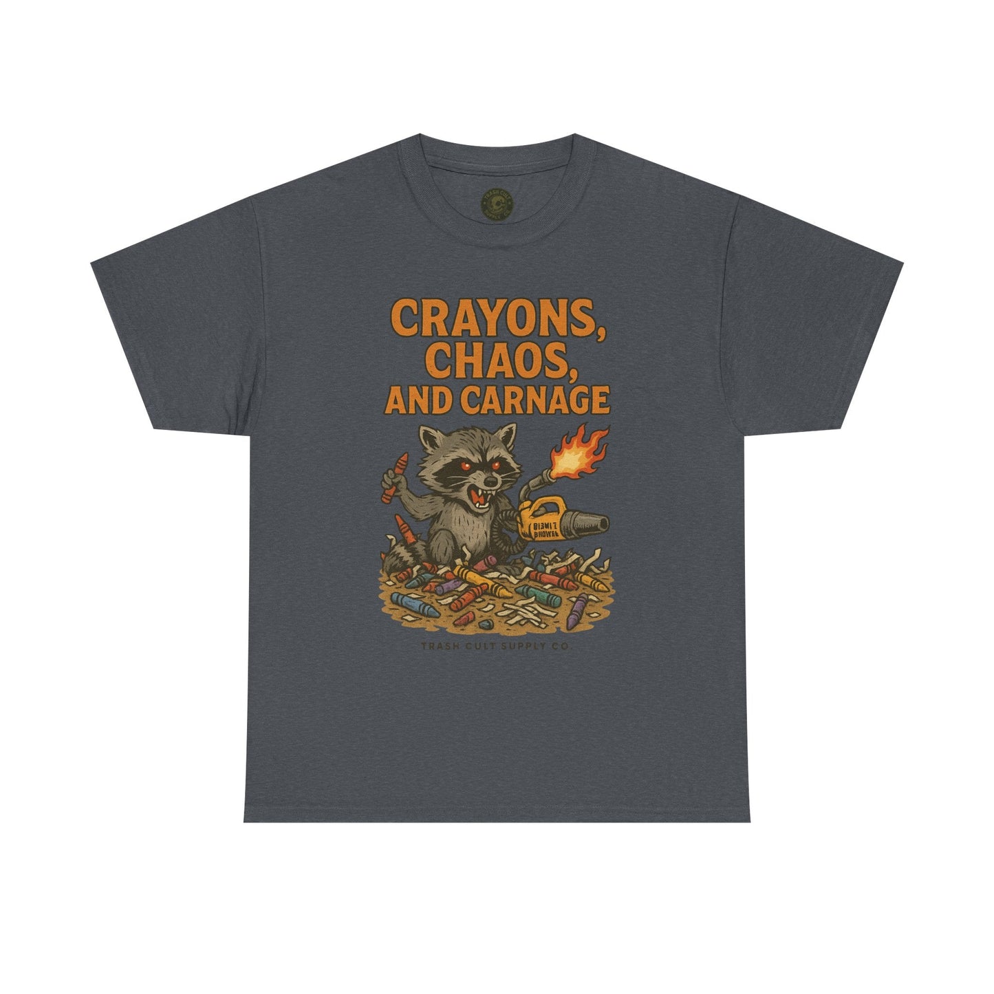 Crayons, Chaos, and Carnage T-Shirt – Dark Humor Raccoon Graphic | Trash Cult Supply Co. | Gildan 5000 Tee