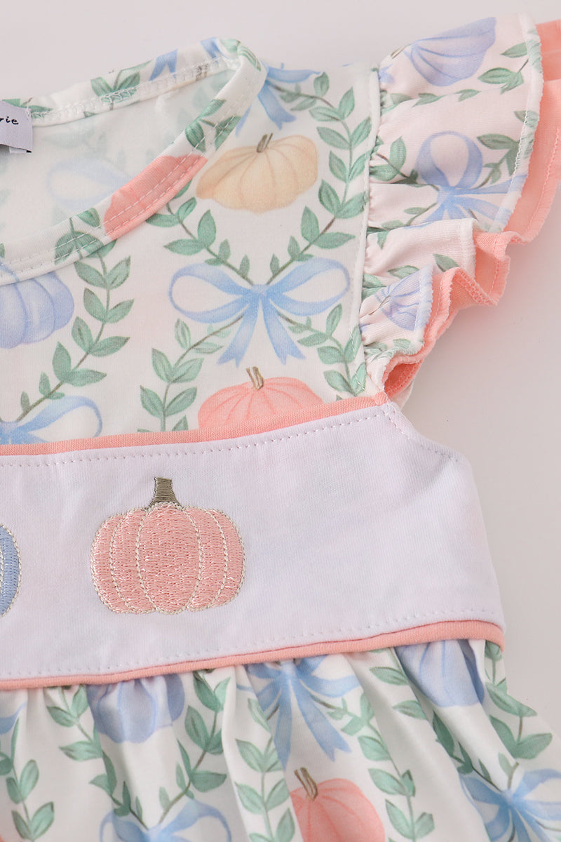 Green bow print embroidery ruffle dress