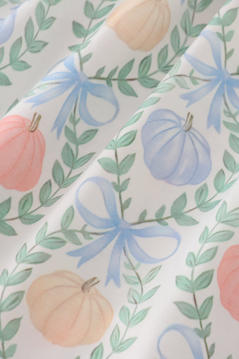 Green bow print embroidery ruffle dress