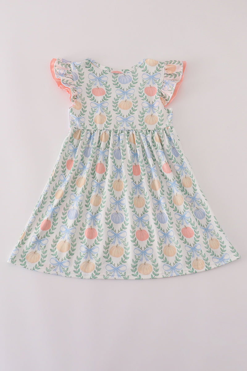 Green bow print embroidery ruffle dress