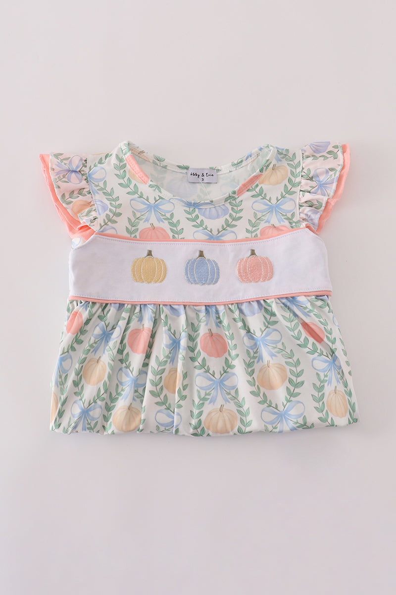Green bow print embroidery ruffle dress