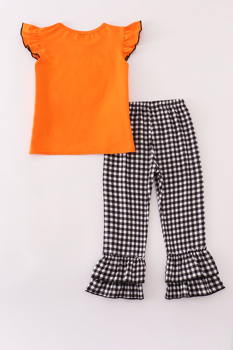 Orange halloween bluey french knot ruffle pants set