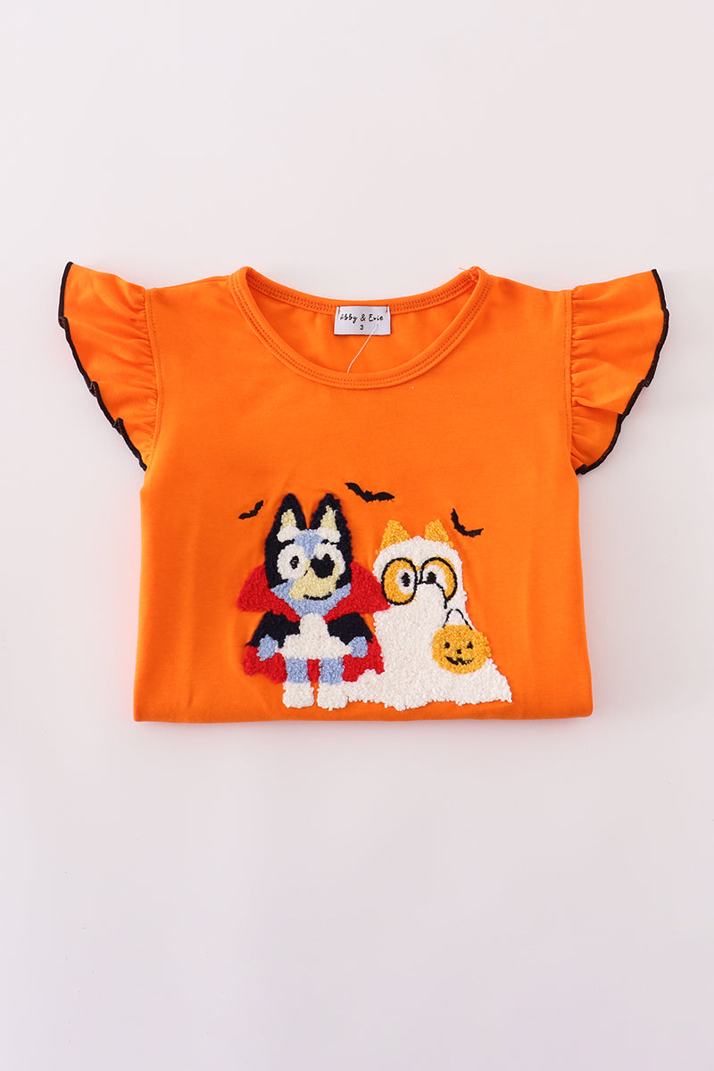 Orange halloween bluey french knot ruffle pants set