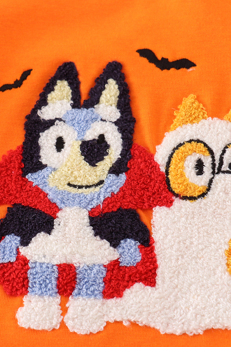 Orange halloween bluey french knot ruffle pants set
