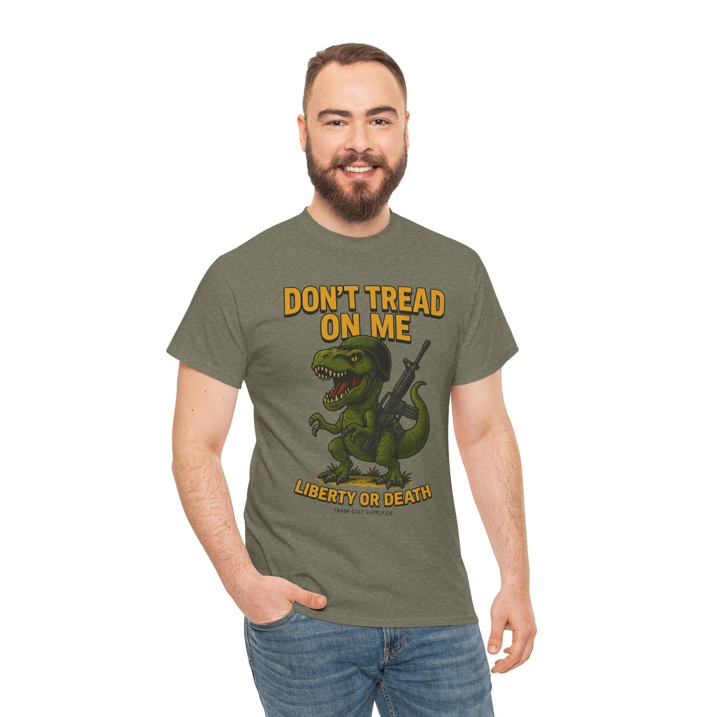 Don’t Tread On Me T-Rex T-Shirt – Liberty or Death Graphic | Trash Cult Supply Co. | Gildan 5000 Heavy Cotton
