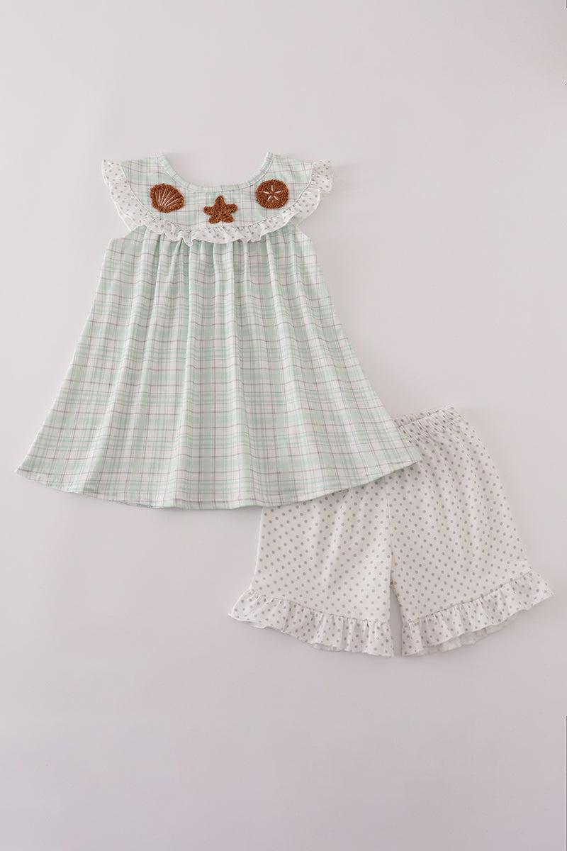 Green plaid sea shell starfish french knot ruffle shorts set