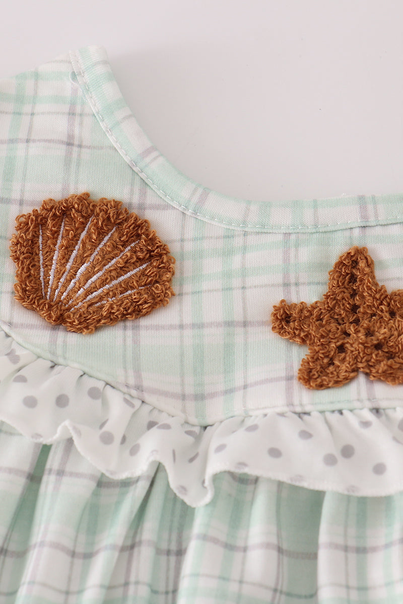 Green plaid sea shell starfish french knot ruffle shorts set