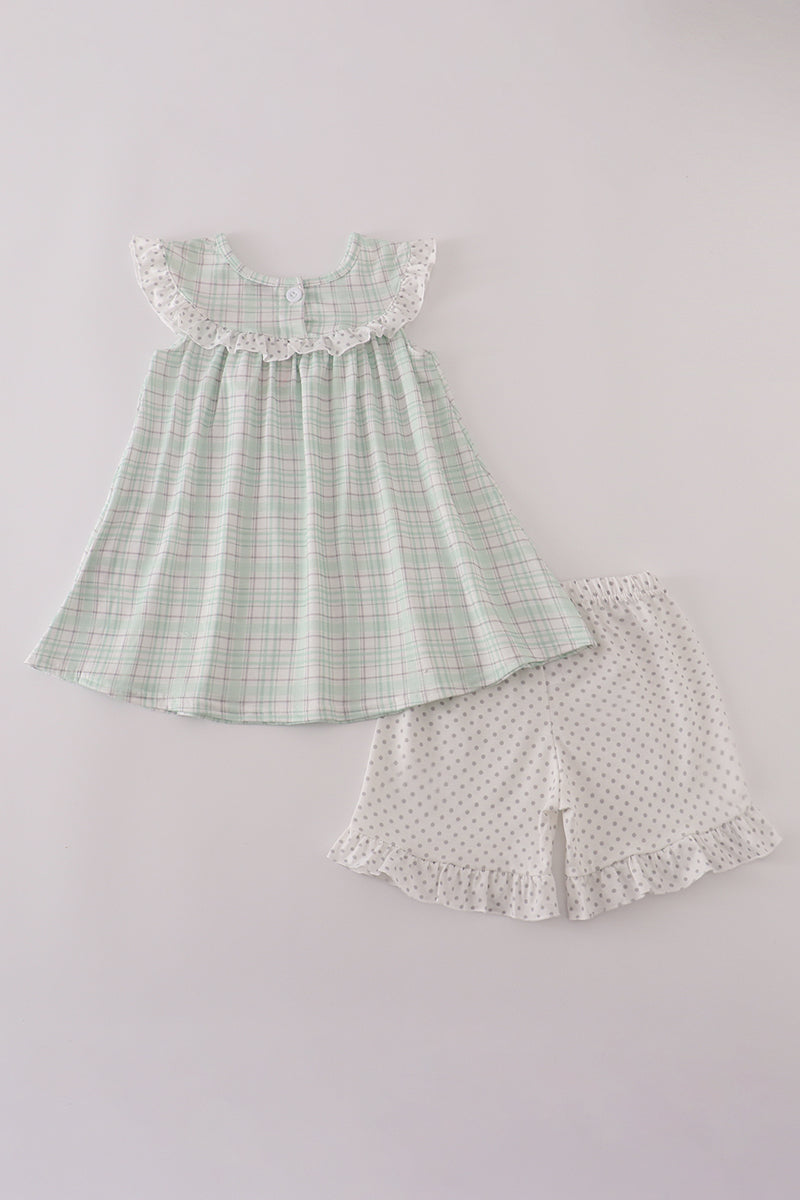 Green plaid sea shell starfish french knot ruffle shorts set