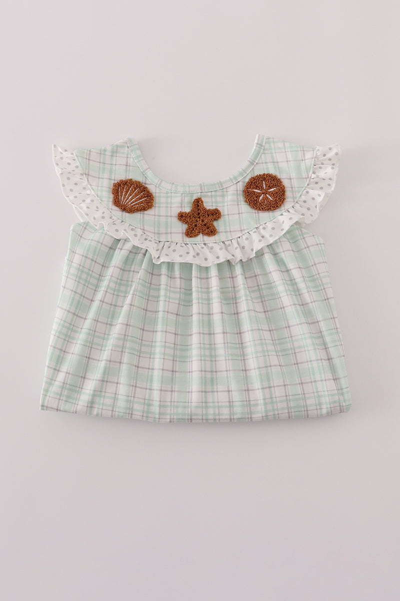 Green plaid sea shell starfish french knot ruffle shorts set