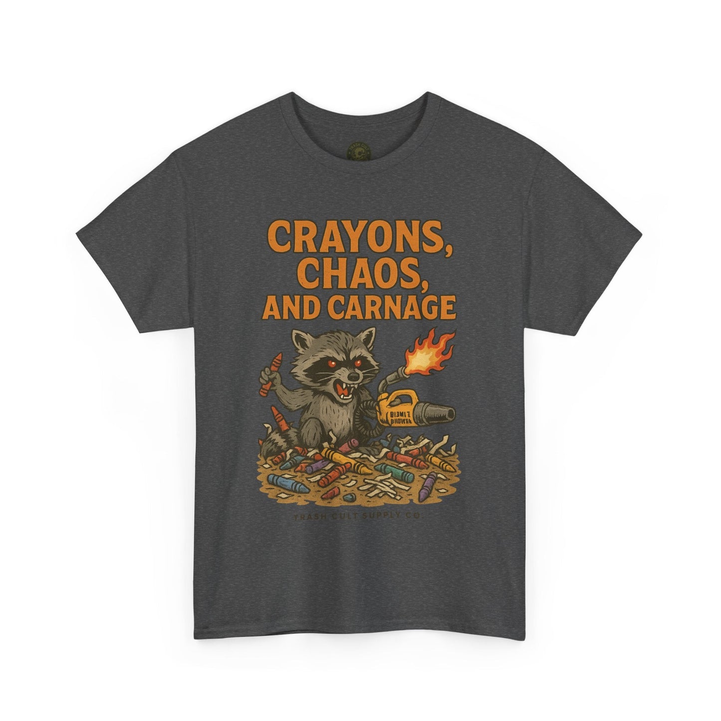 Crayons, Chaos, and Carnage T-Shirt – Dark Humor Raccoon Graphic | Trash Cult Supply Co. | Gildan 5000 Tee
