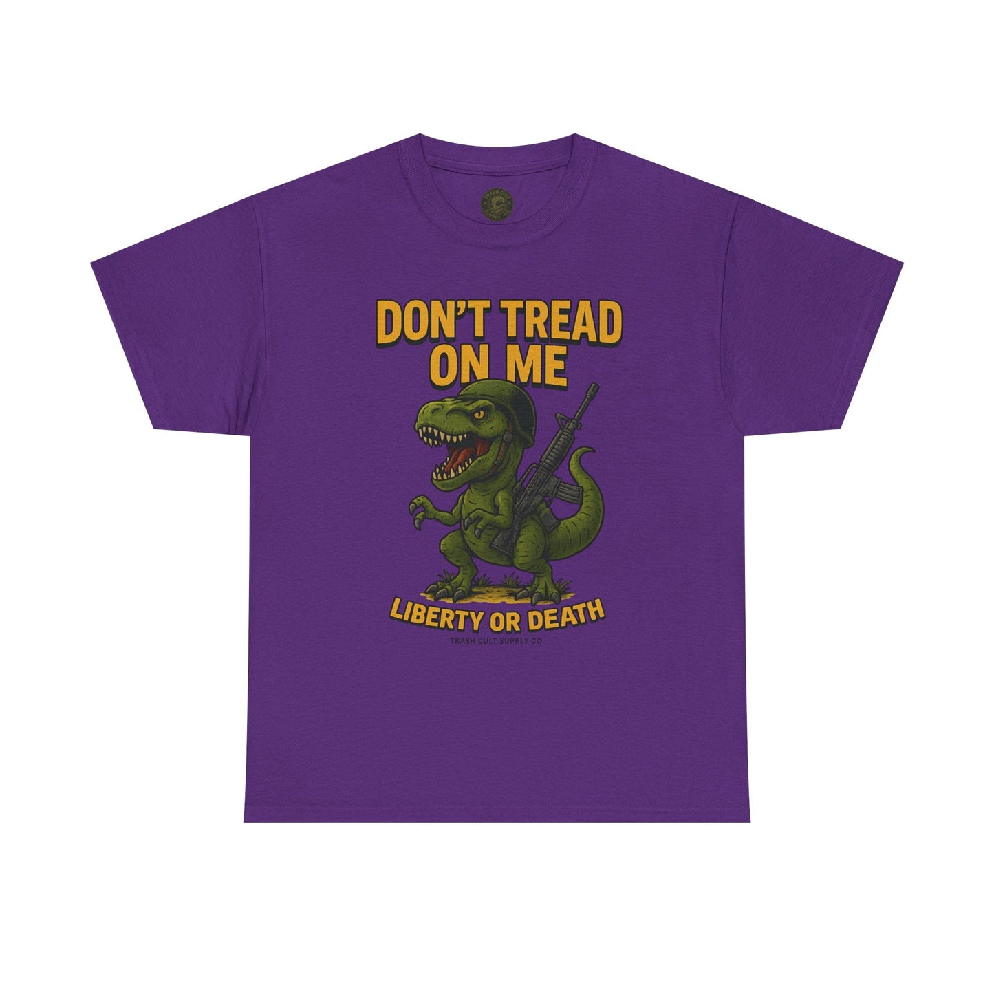 Don’t Tread On Me T-Rex T-Shirt – Liberty or Death Graphic | Trash Cult Supply Co. | Gildan 5000 Heavy Cotton