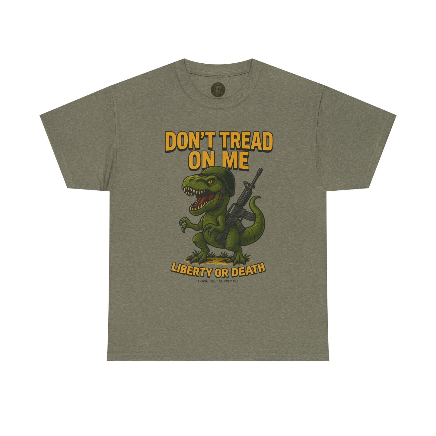 Don’t Tread On Me T-Rex T-Shirt – Liberty or Death Graphic | Trash Cult Supply Co. | Gildan 5000 Heavy Cotton