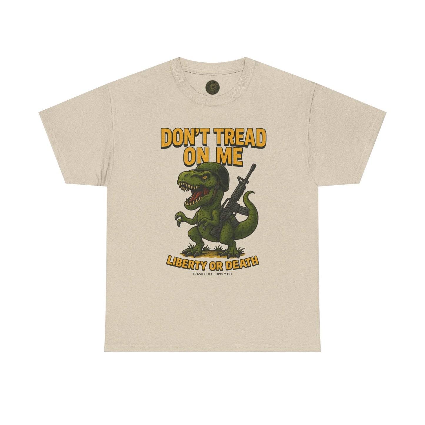 Don’t Tread On Me T-Rex T-Shirt – Liberty or Death Graphic | Trash Cult Supply Co. | Gildan 5000 Heavy Cotton