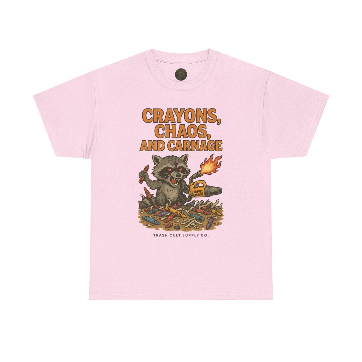 Crayons, Chaos, and Carnage T-Shirt – Dark Humor Raccoon Graphic | Trash Cult Supply Co. | Gildan 5000 Tee