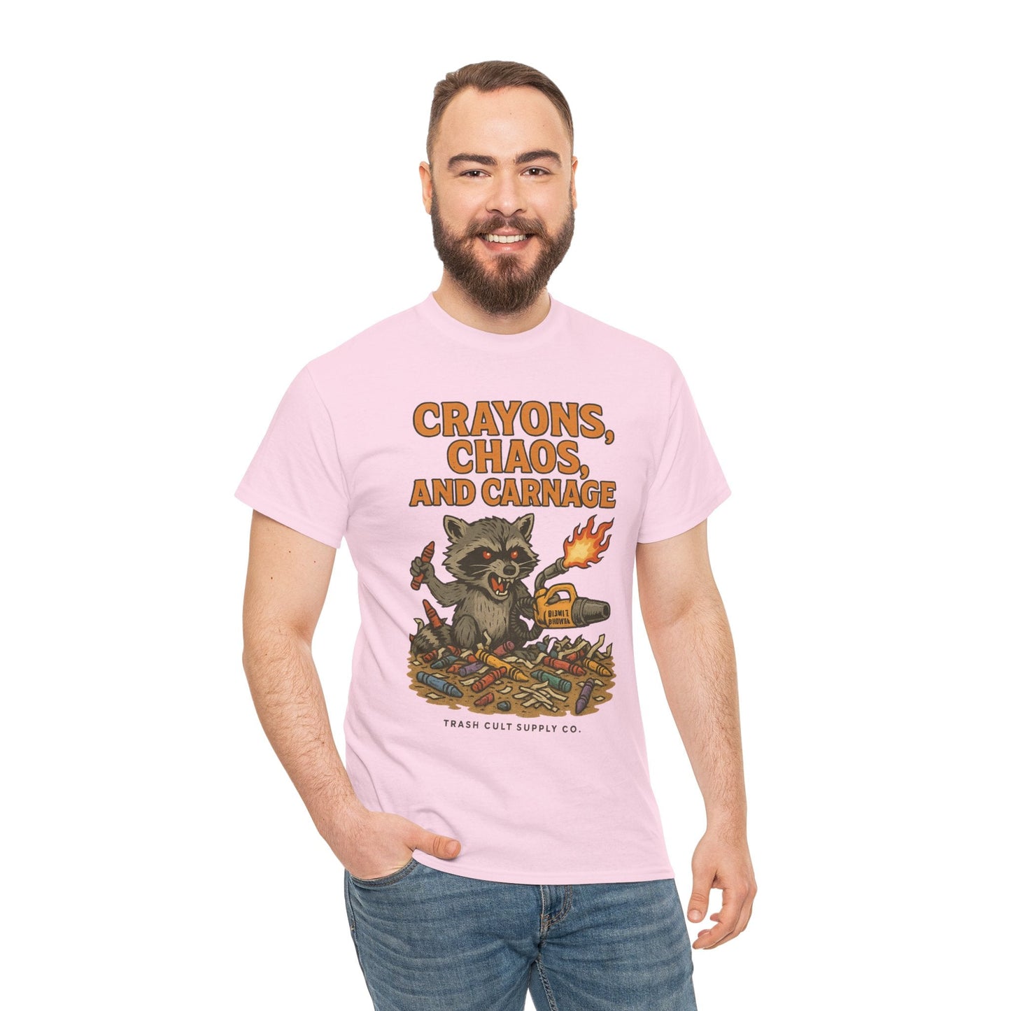 Crayons, Chaos, and Carnage T-Shirt – Dark Humor Raccoon Graphic | Trash Cult Supply Co. | Gildan 5000 Tee