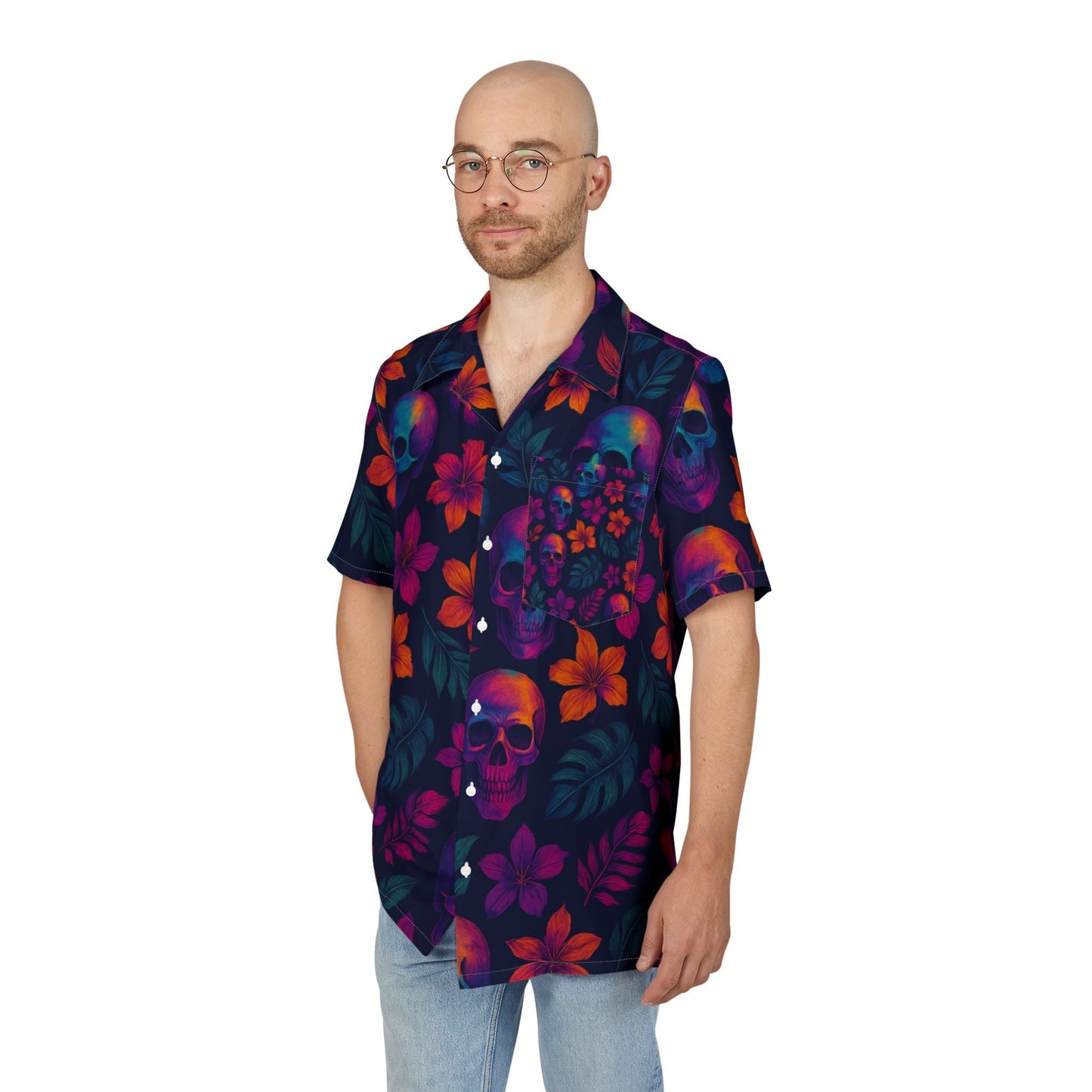 Vibrant Skull Floral Hawaiian Shirt, Beachwear, Summer Party Top, Casual Unisex Button-Down, Festival Shirt, Vacation Outfit