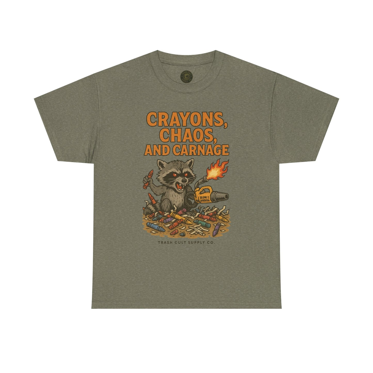 Crayons, Chaos, and Carnage T-Shirt – Dark Humor Raccoon Graphic | Trash Cult Supply Co. | Gildan 5000 Tee