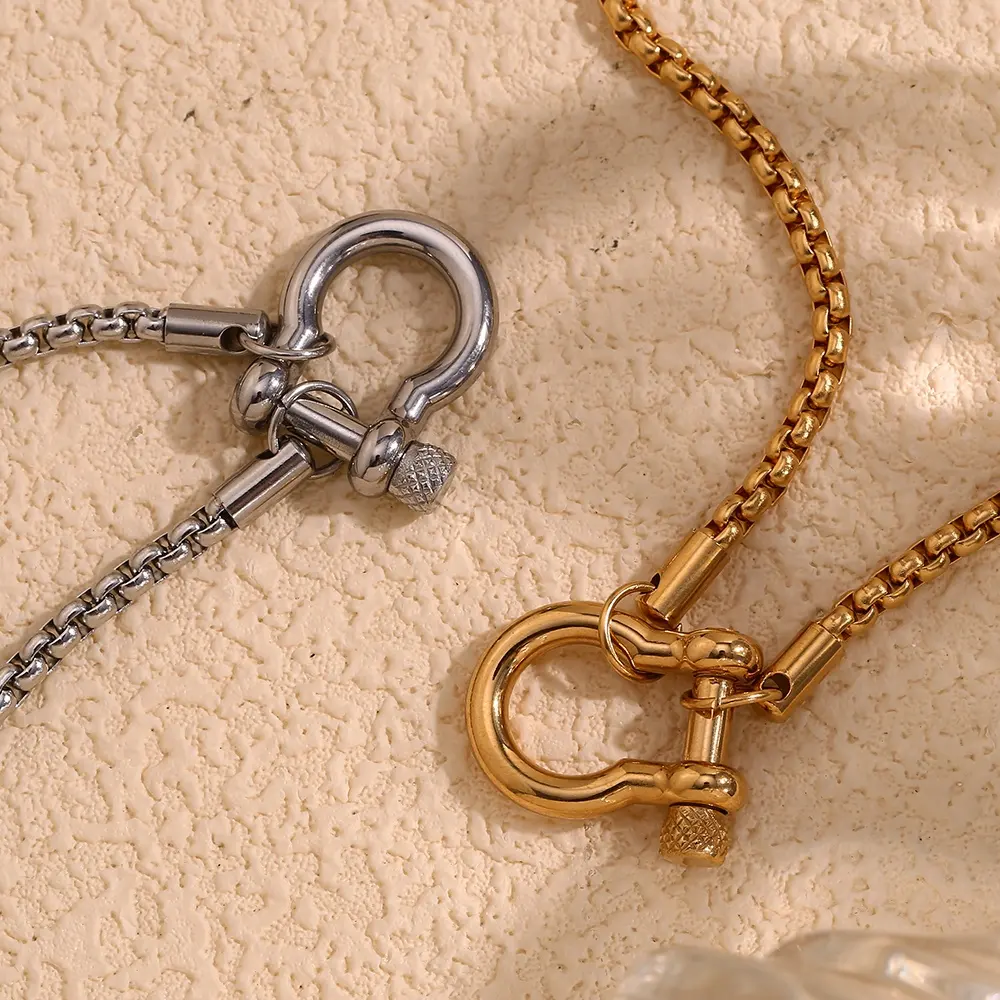 Buckle Lock Necklace - Shackle Clasp Box Chain - Stainless Steel