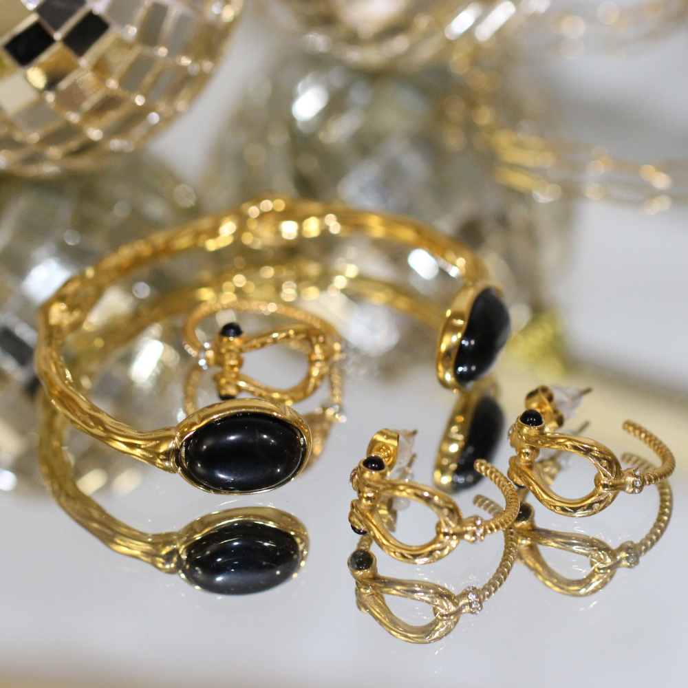 Black Onyx Cuff Bracelet ~ 6.5-Inch Gold-Plated Stainless Steel Cuff ~ Deep South Originals