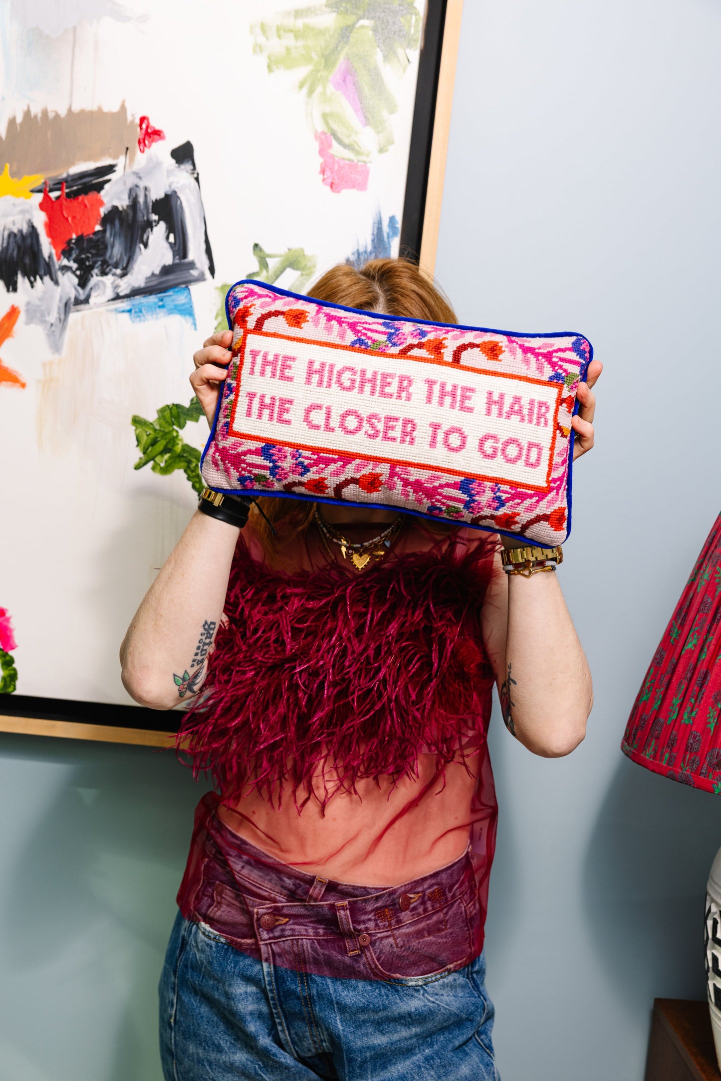 Higher The Hair Needlepoint Pillow