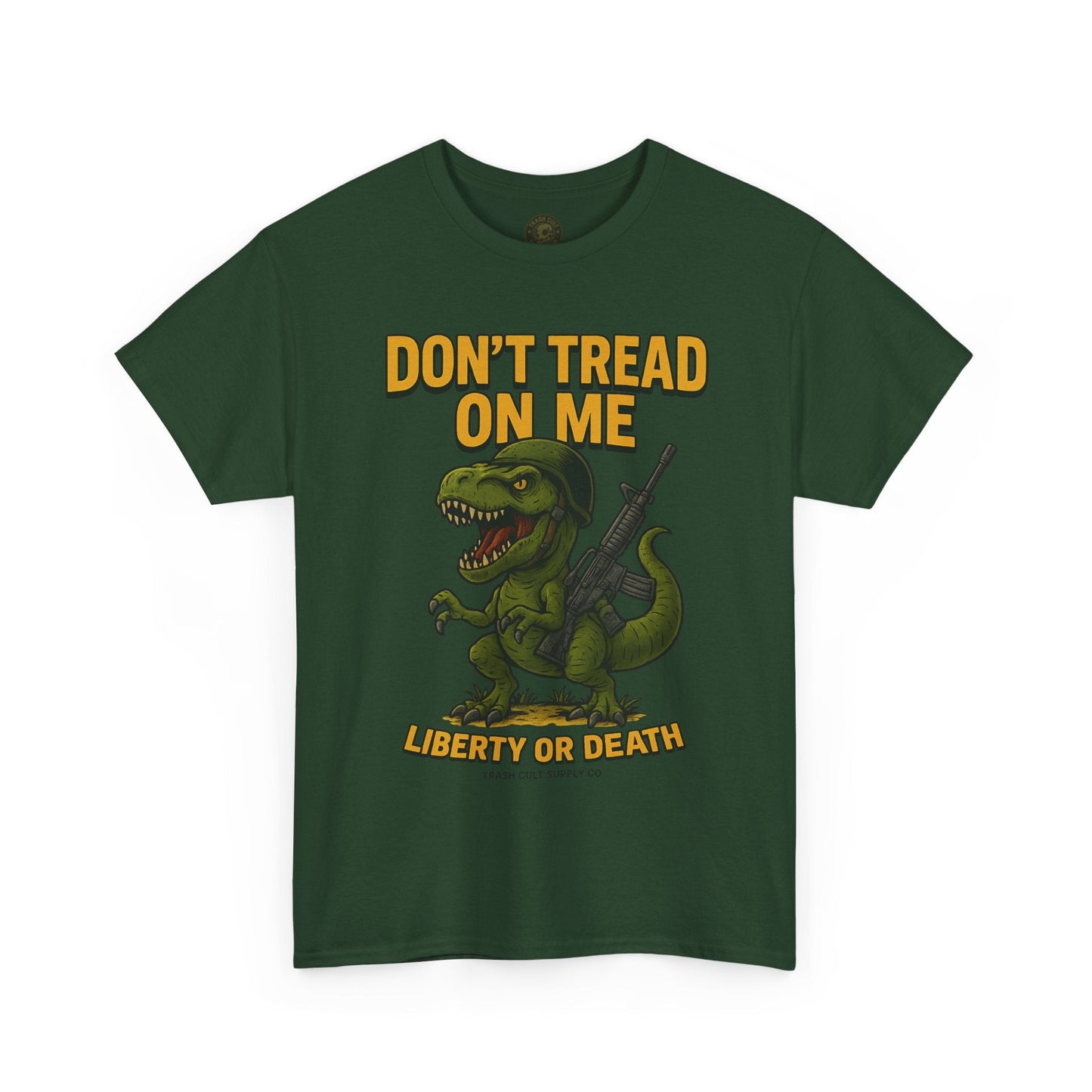 Don’t Tread On Me T-Rex T-Shirt – Liberty or Death Graphic | Trash Cult Supply Co. | Gildan 5000 Heavy Cotton