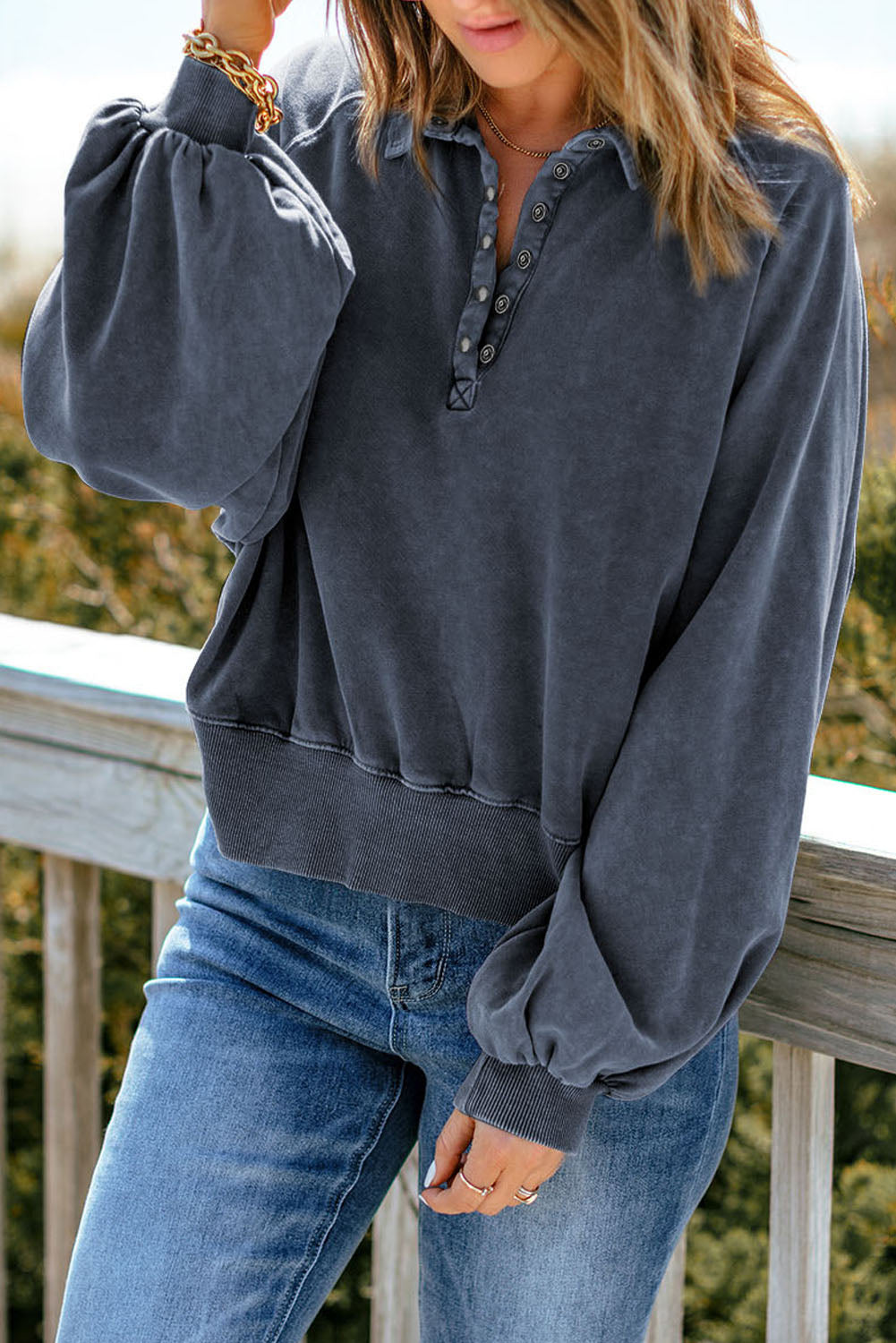 Blue Washed Snap Buttons Lantern Sleeve Pullover Sweatshirt
