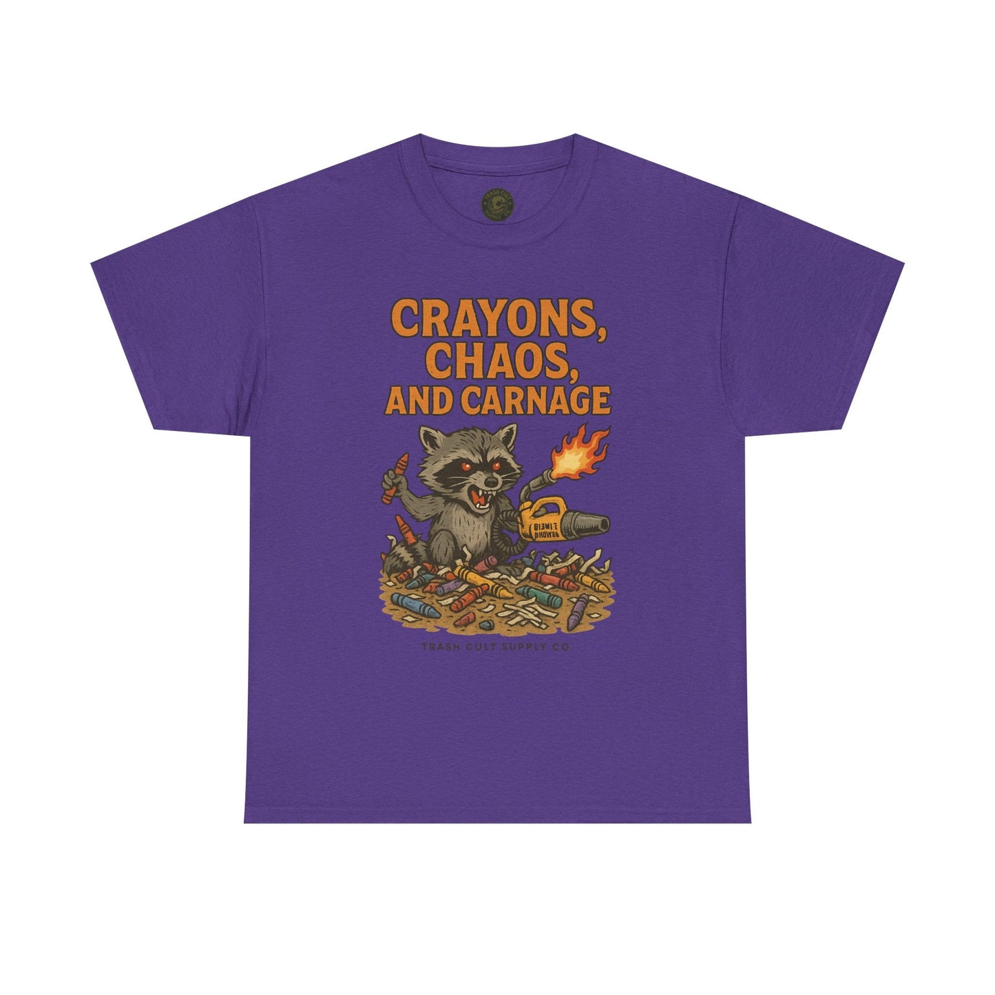 Crayons, Chaos, and Carnage T-Shirt – Dark Humor Raccoon Graphic | Trash Cult Supply Co. | Gildan 5000 Tee