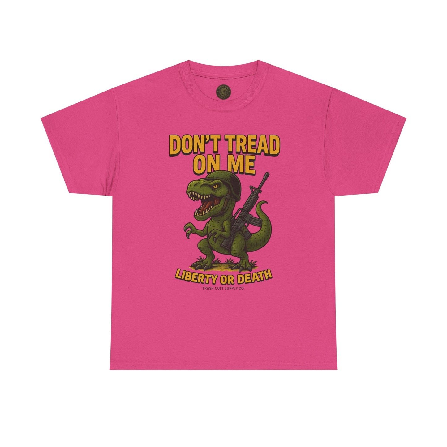 Don’t Tread On Me T-Rex T-Shirt – Liberty or Death Graphic | Trash Cult Supply Co. | Gildan 5000 Heavy Cotton