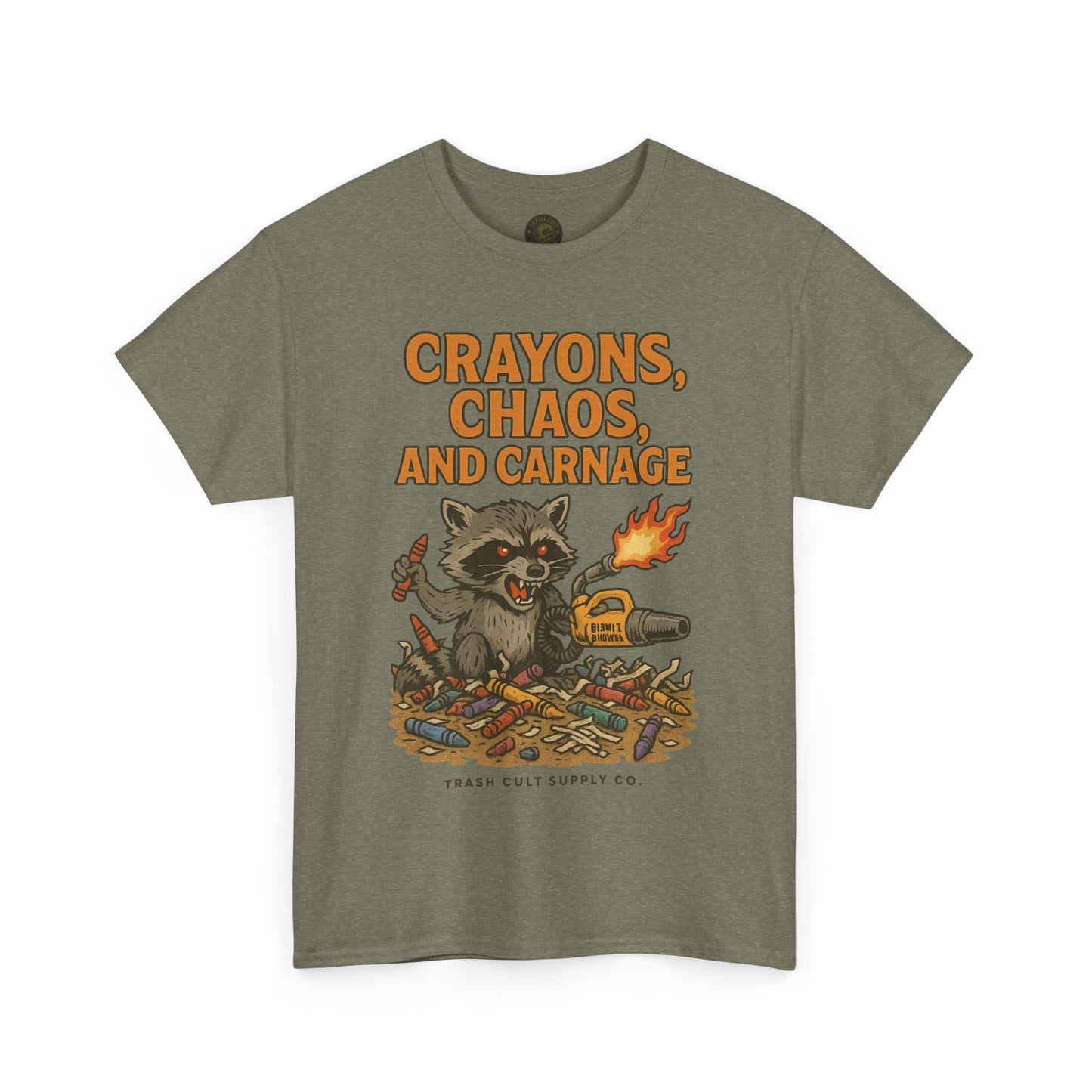 Crayons, Chaos, and Carnage T-Shirt – Dark Humor Raccoon Graphic | Trash Cult Supply Co. | Gildan 5000 Tee