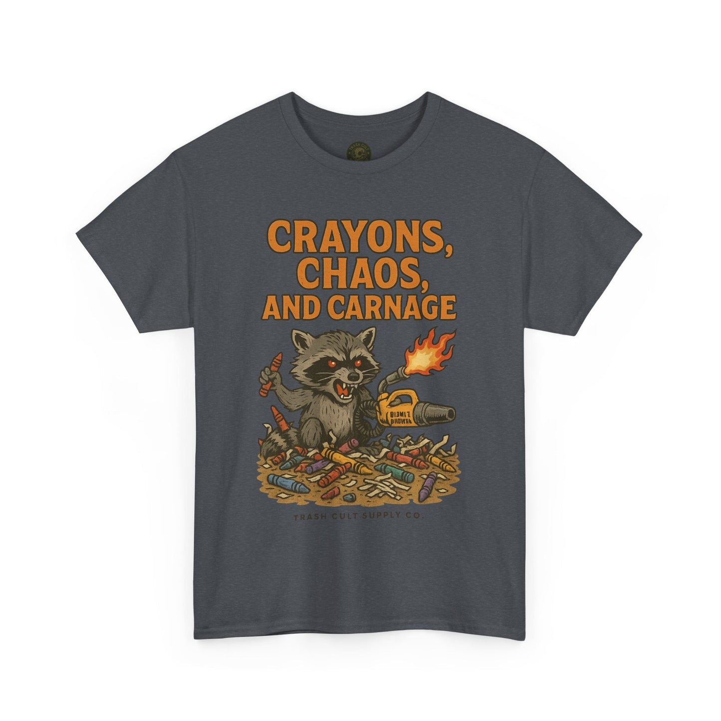 Crayons, Chaos, and Carnage T-Shirt – Dark Humor Raccoon Graphic | Trash Cult Supply Co. | Gildan 5000 Tee