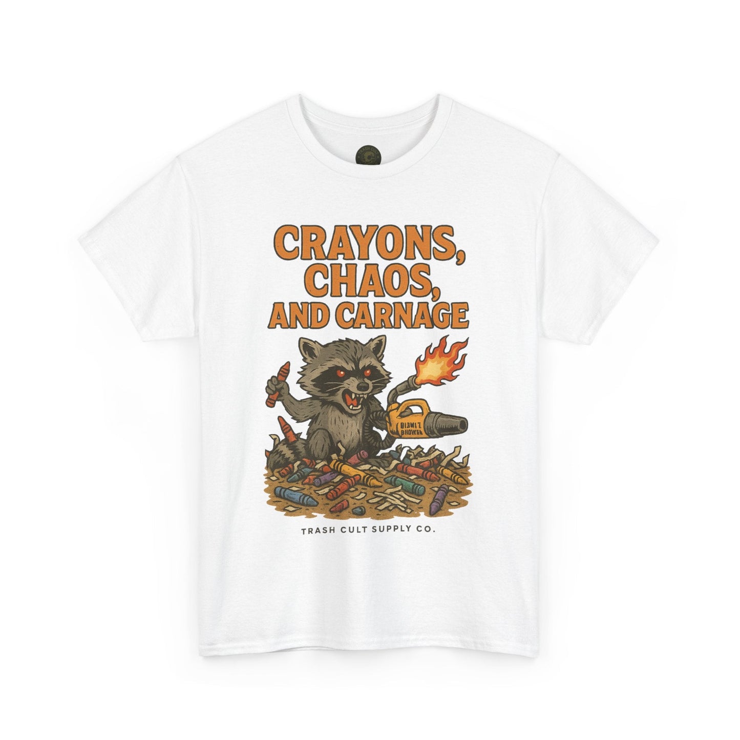 Crayons, Chaos, and Carnage T-Shirt – Dark Humor Raccoon Graphic | Trash Cult Supply Co. | Gildan 5000 Tee