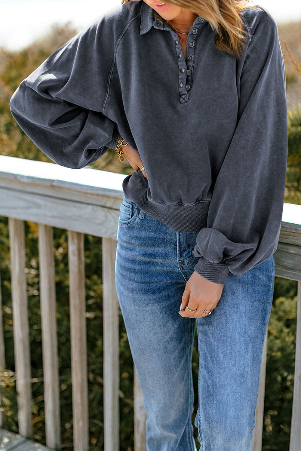 Blue Washed Snap Buttons Lantern Sleeve Pullover Sweatshirt