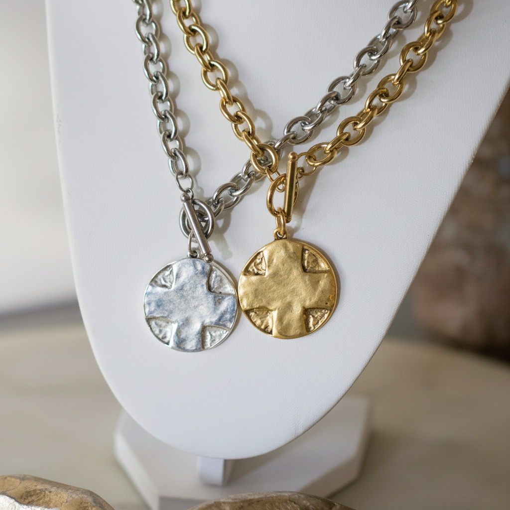 The Lord's Prayer Cross Medallion Toggle Necklace Gold or Silver