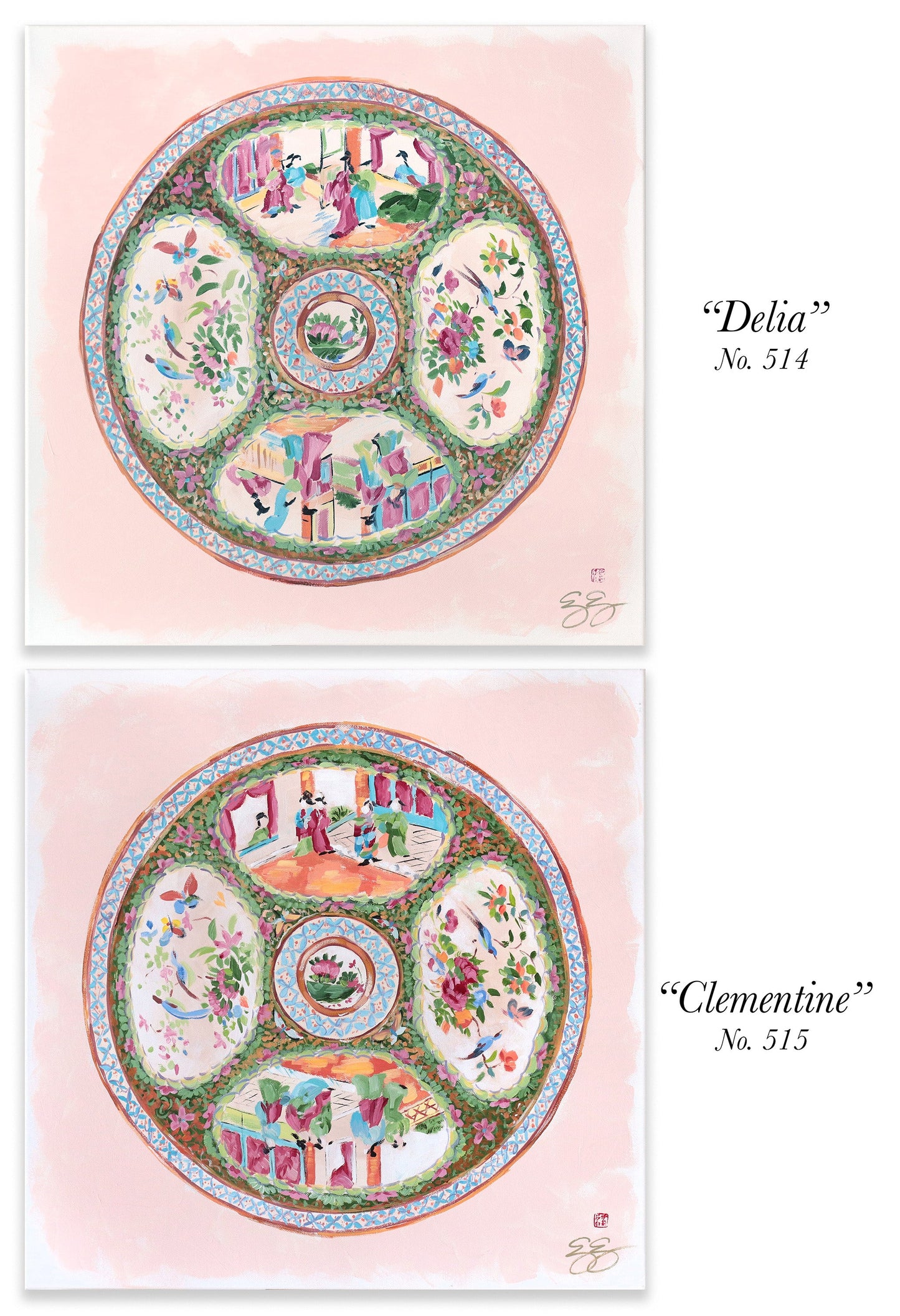 "Delia," Original painting of chinoiserie Rose Medallion plate (No. 514) - 20 x 20
