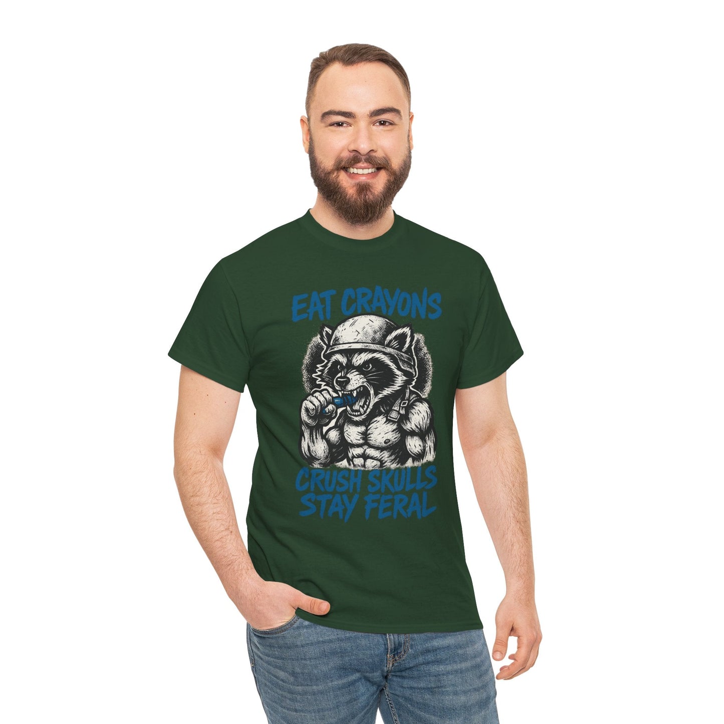 Eat Crayons Crush Skulls Stay Feral Military Raccoon Shirt – Gildan 5000