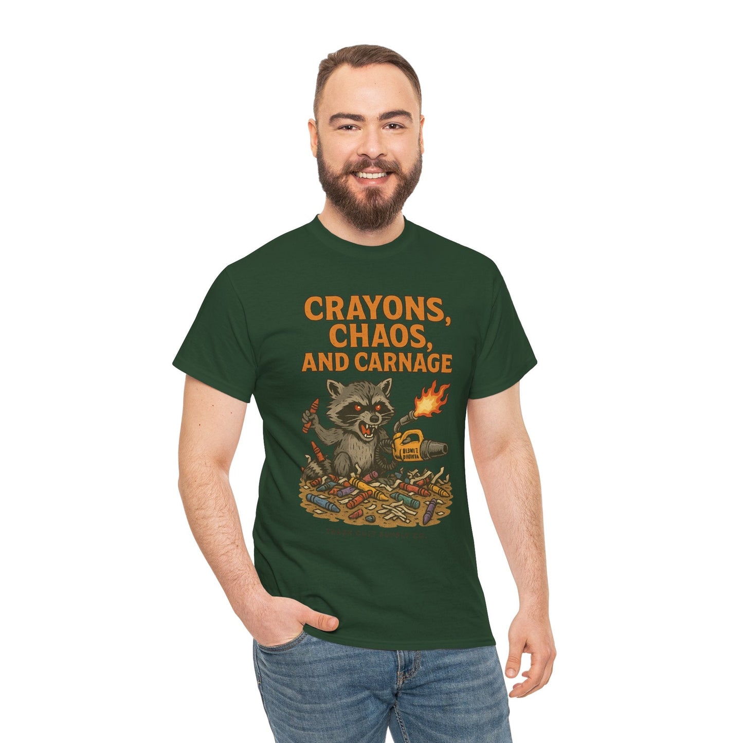 Crayons, Chaos, and Carnage T-Shirt – Dark Humor Raccoon Graphic | Trash Cult Supply Co. | Gildan 5000 Tee