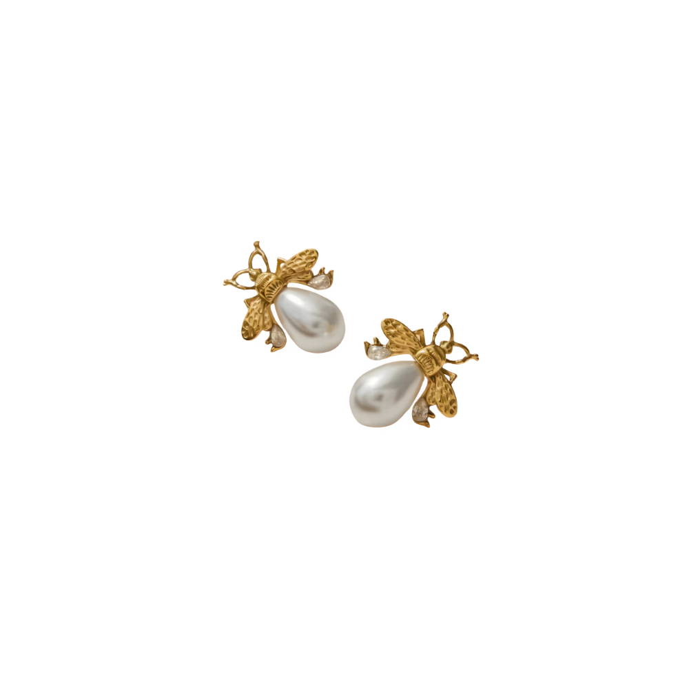 Pearl Bee Stud Earrings - Stainless Steel