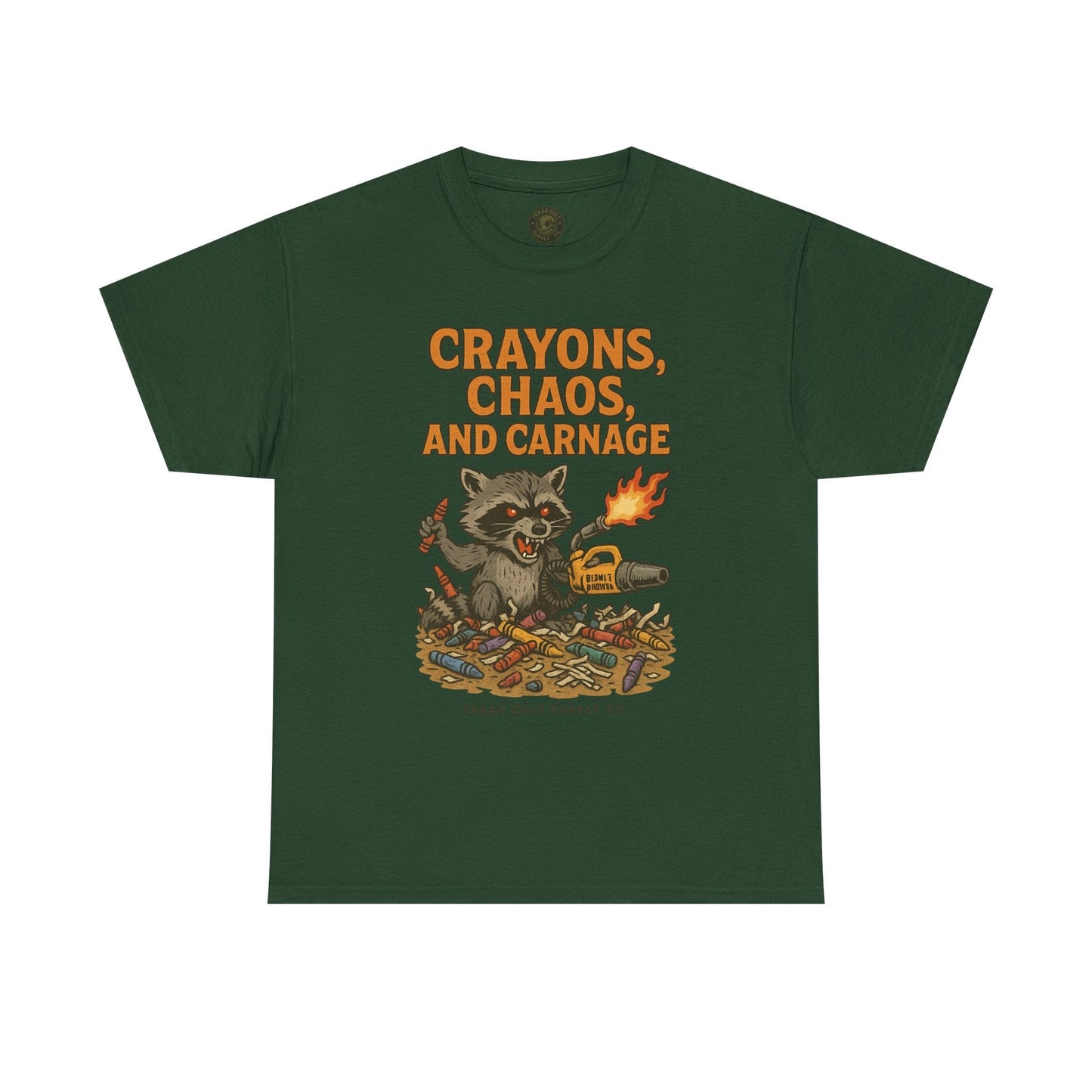 Crayons, Chaos, and Carnage T-Shirt – Dark Humor Raccoon Graphic | Trash Cult Supply Co. | Gildan 5000 Tee