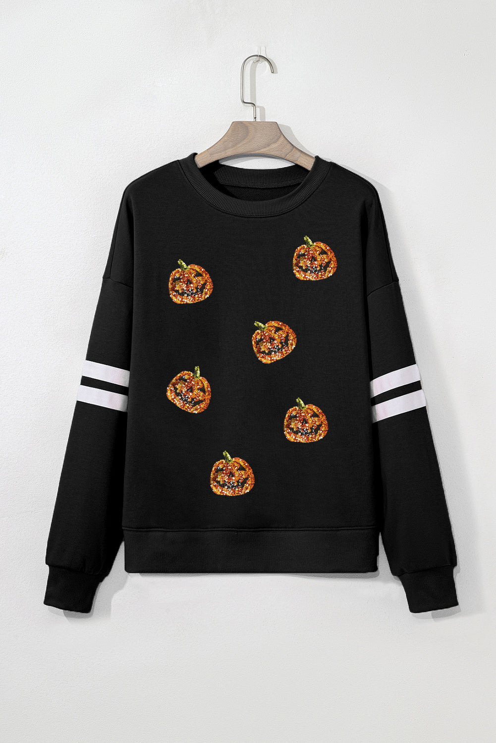 Black Halloween Pumpkin Face Sequin Patched Oversize Varsity Sweatshirt