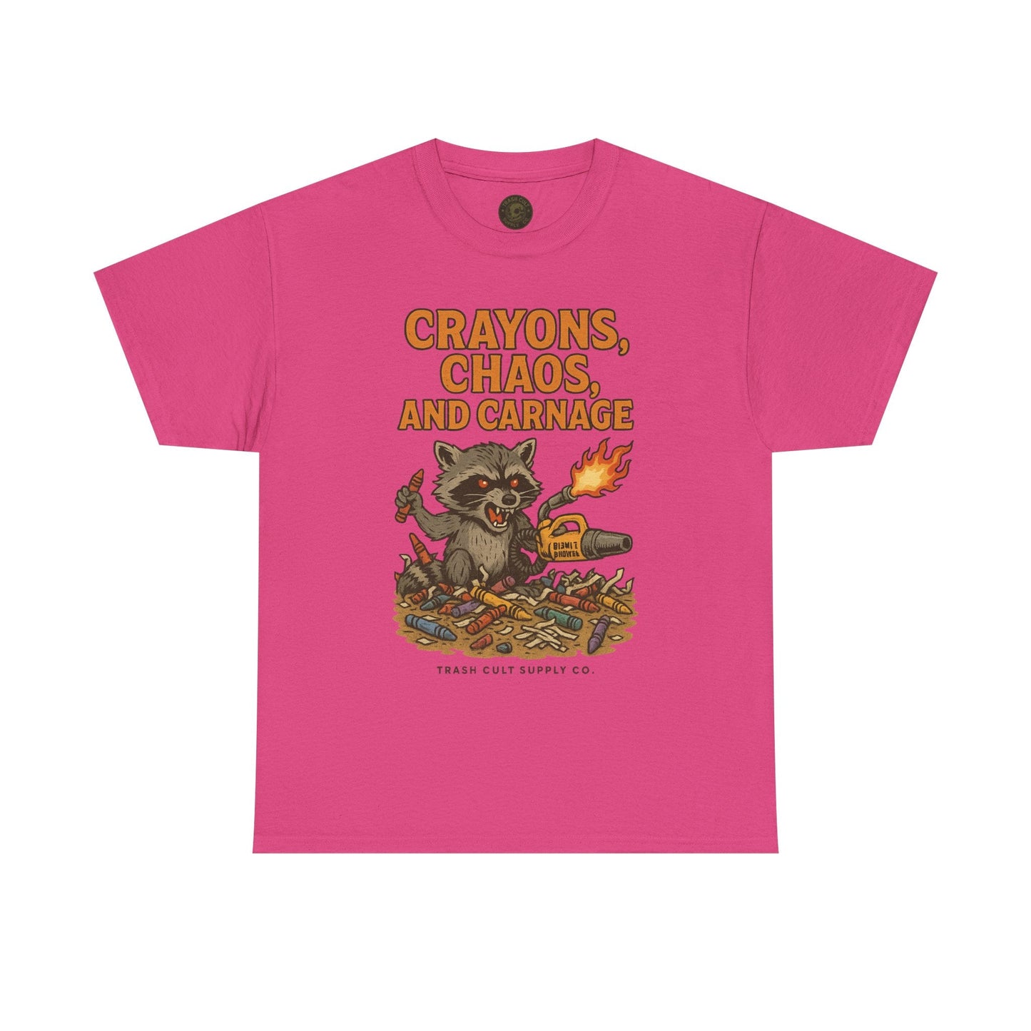 Crayons, Chaos, and Carnage T-Shirt – Dark Humor Raccoon Graphic | Trash Cult Supply Co. | Gildan 5000 Tee