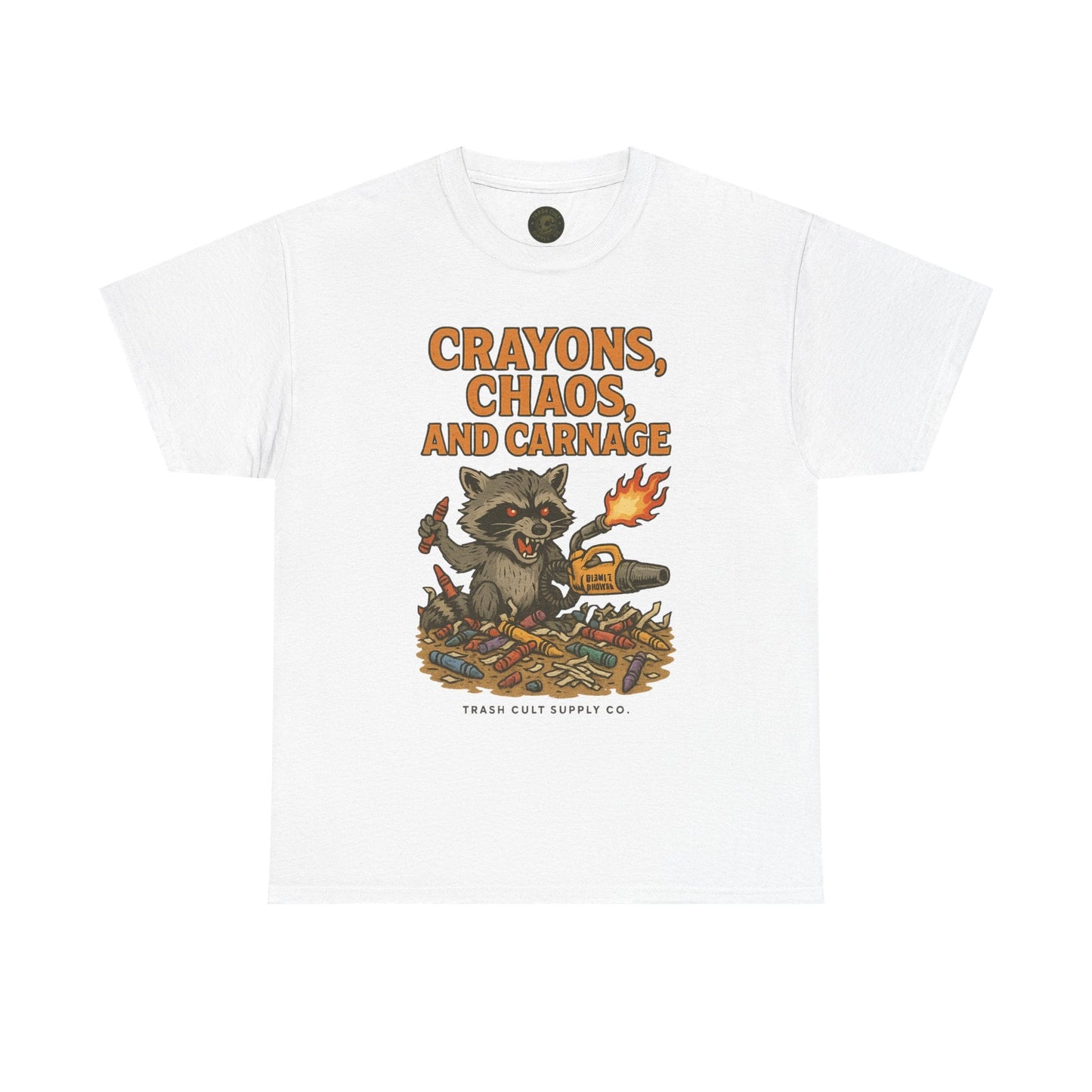 Crayons, Chaos, and Carnage T-Shirt – Dark Humor Raccoon Graphic | Trash Cult Supply Co. | Gildan 5000 Tee