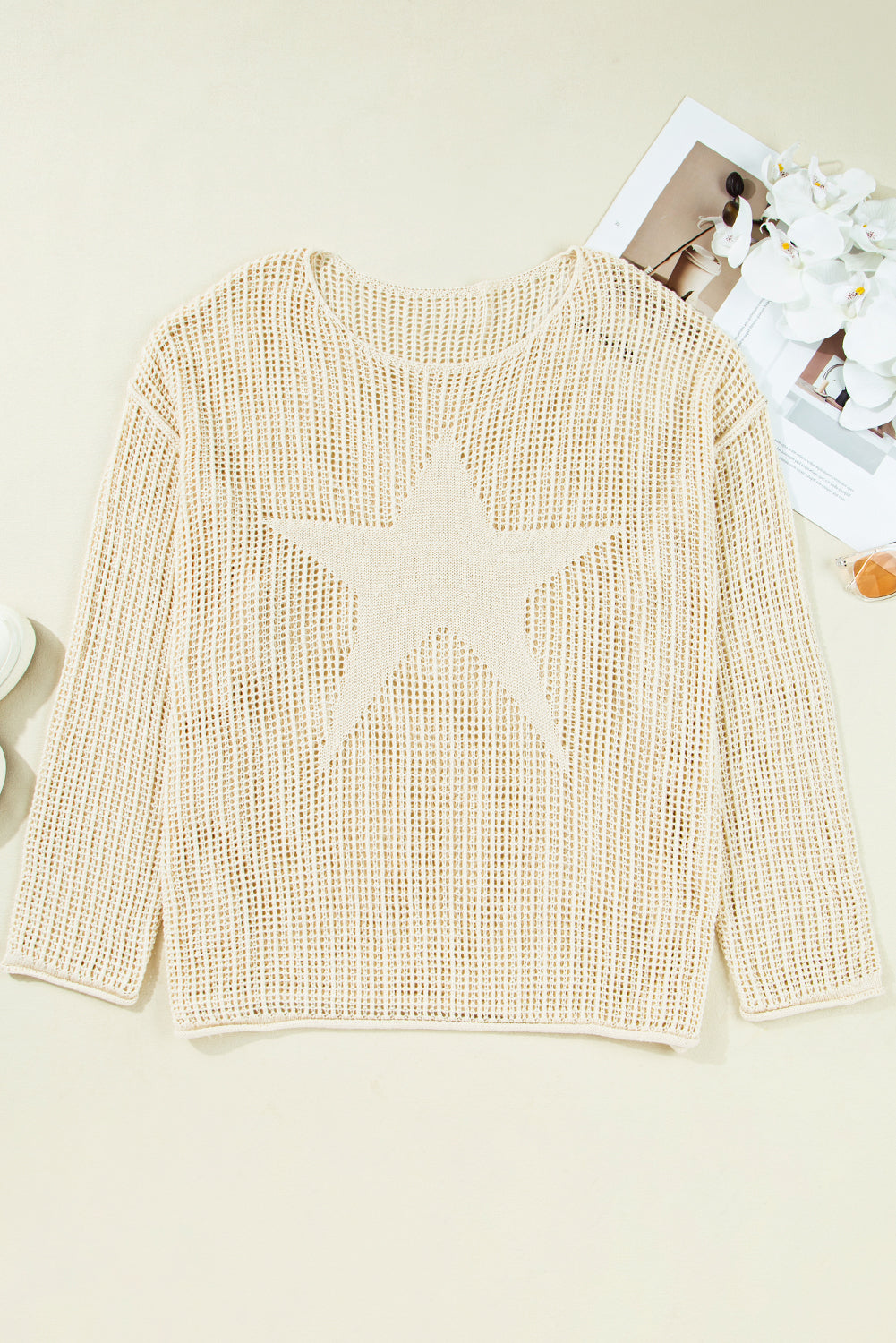 Parchment Hollow Out Knit Star Pattern Accent Plus Size Jumper