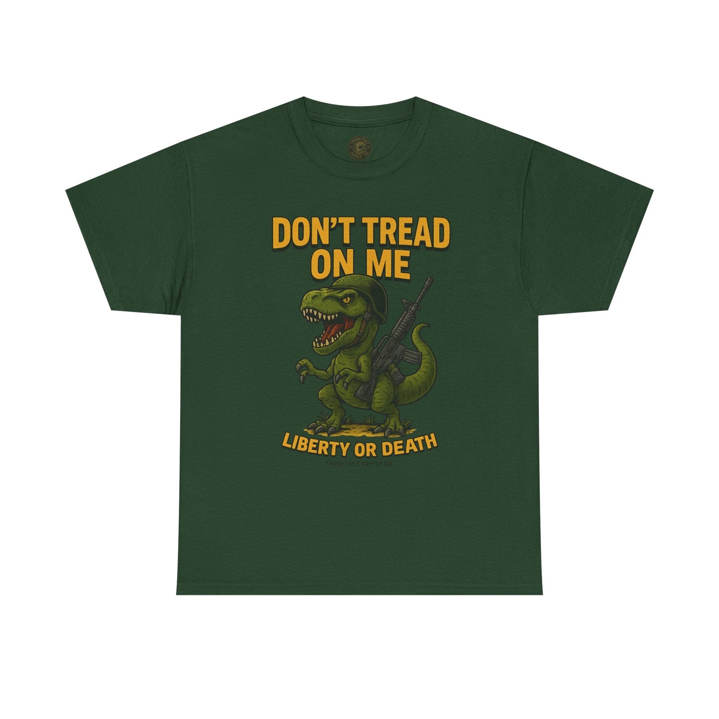 Don’t Tread On Me T-Rex T-Shirt – Liberty or Death Graphic | Trash Cult Supply Co. | Gildan 5000 Heavy Cotton
