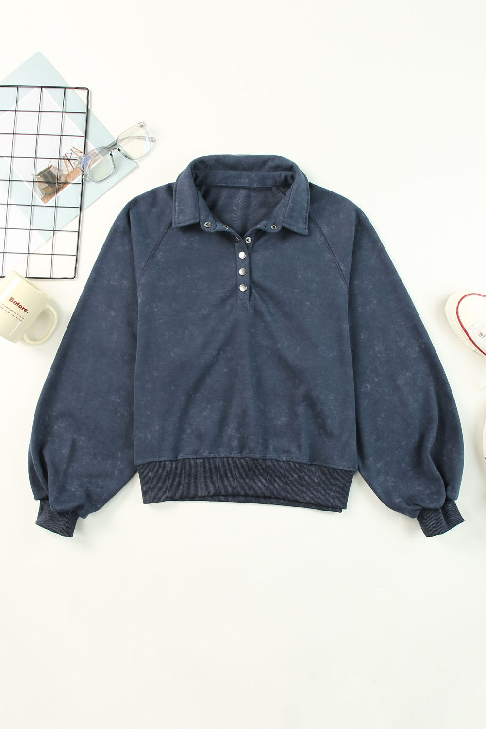 Blue Washed Snap Buttons Lantern Sleeve Pullover Sweatshirt