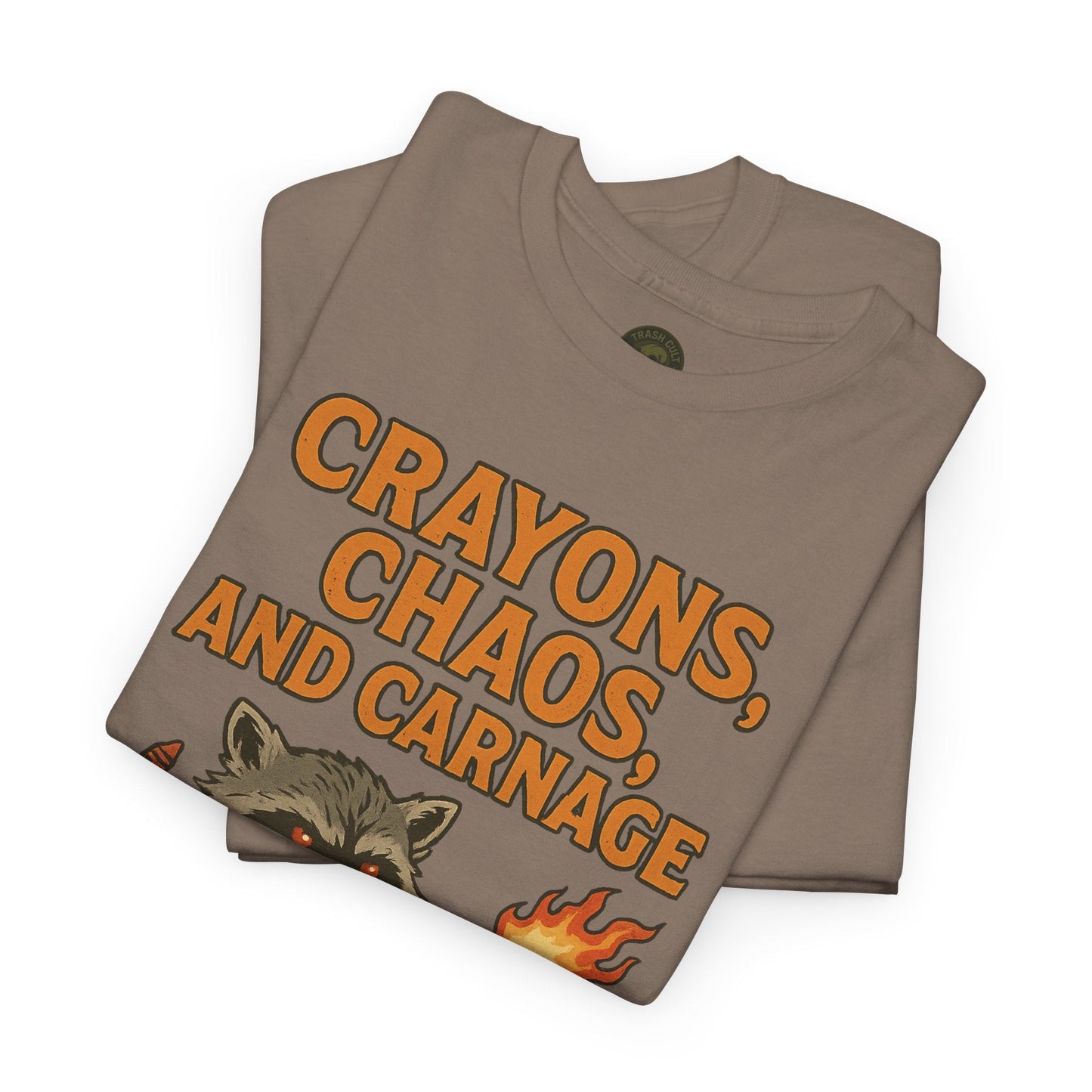 Crayons, Chaos, and Carnage T-Shirt – Dark Humor Raccoon Graphic | Trash Cult Supply Co. | Gildan 5000 Tee