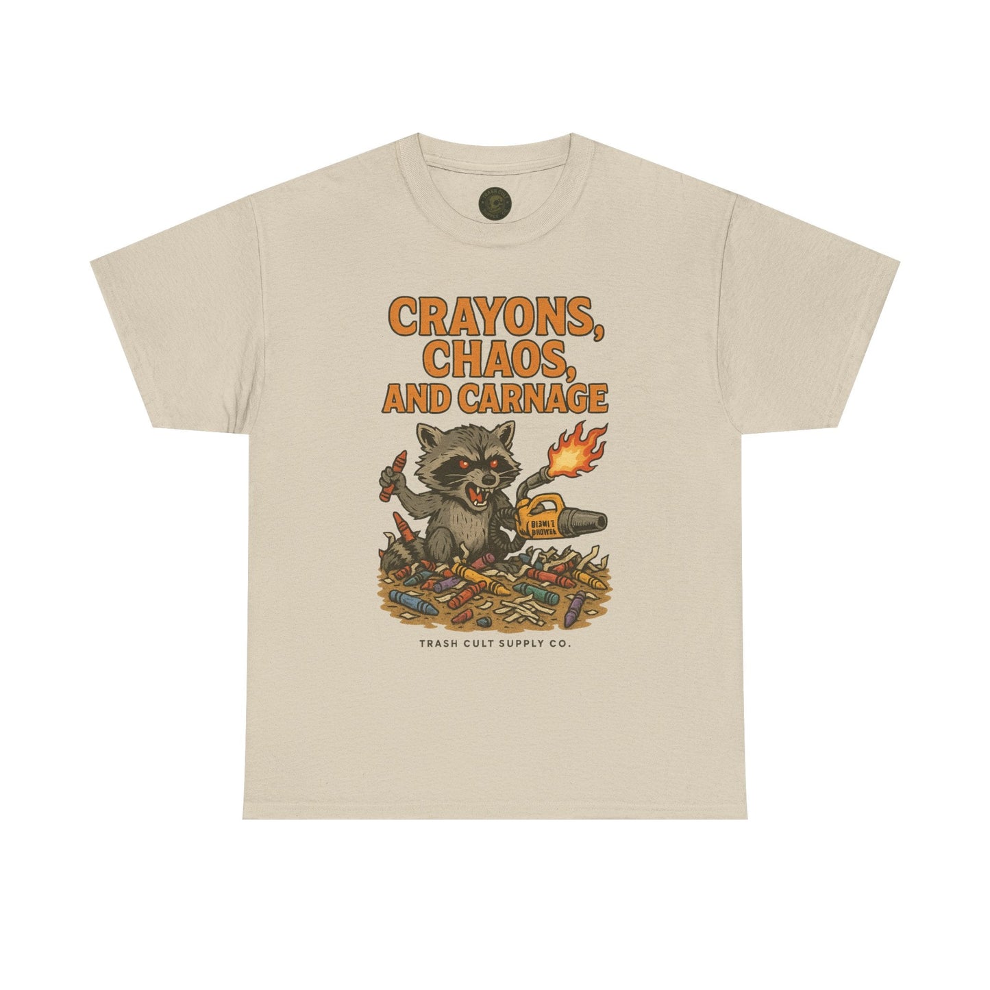 Crayons, Chaos, and Carnage T-Shirt – Dark Humor Raccoon Graphic | Trash Cult Supply Co. | Gildan 5000 Tee