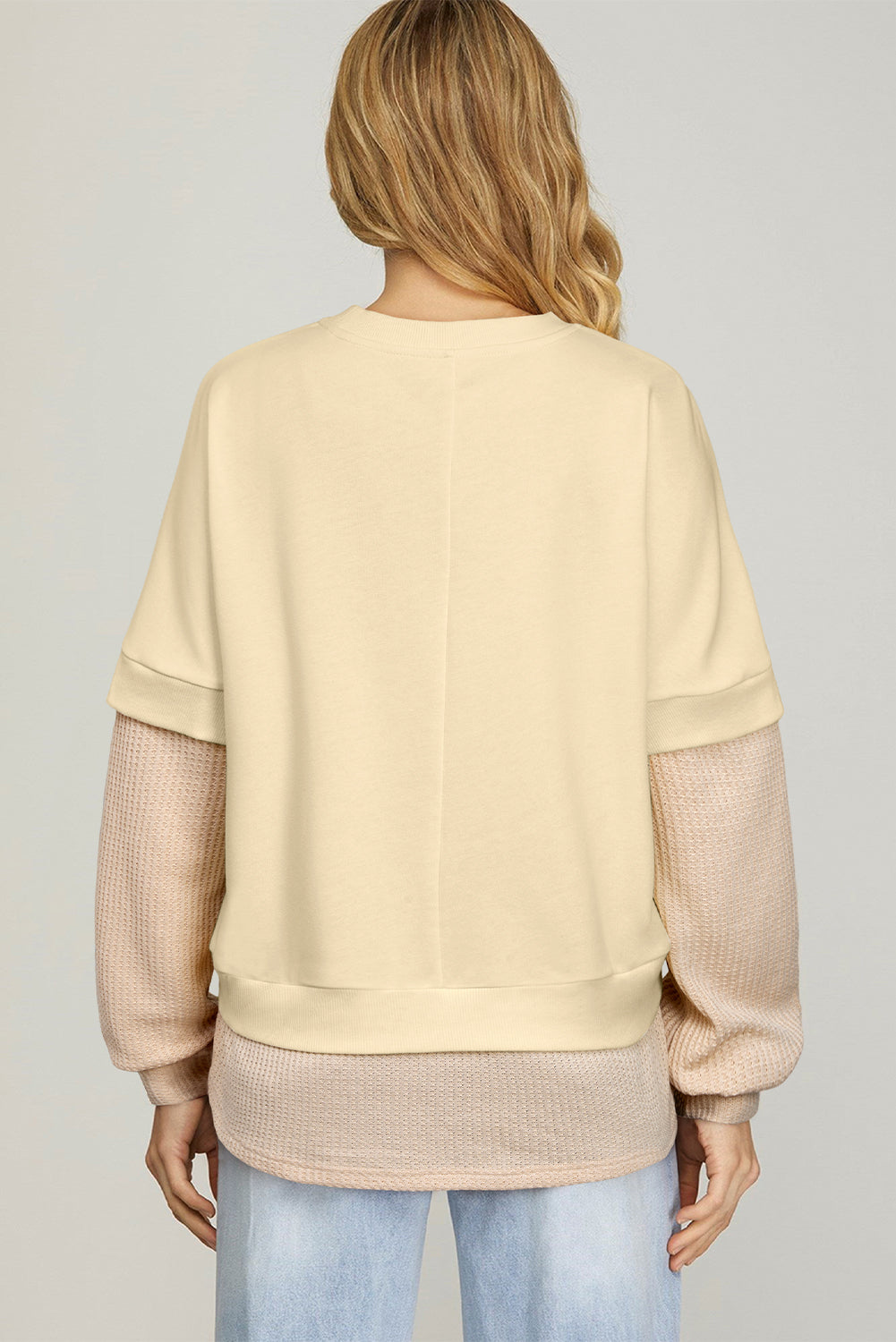 Apricot 2 in 1 Faux Two Piece Patchwork Round Neck Sweatshirt