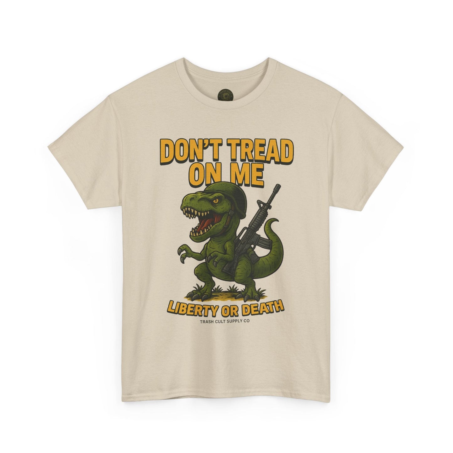Don’t Tread On Me T-Rex T-Shirt – Liberty or Death Graphic | Trash Cult Supply Co. | Gildan 5000 Heavy Cotton
